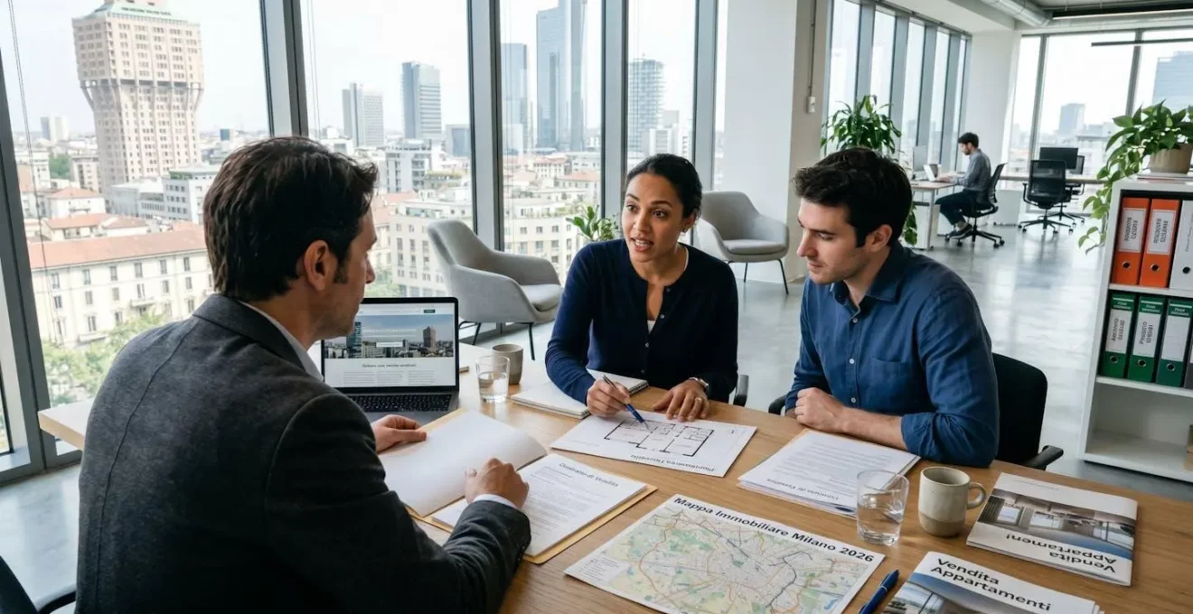Un cliente di origine nord-europea in abbigliamento business casual discute con un agente immobiliare in un ufficio moderno milanese, entrambi chinati su documenti