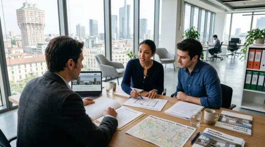 Un cliente di origine nord-europea in abbigliamento business casual discute con un agente immobiliare in un ufficio moderno milanese, entrambi chinati su documenti