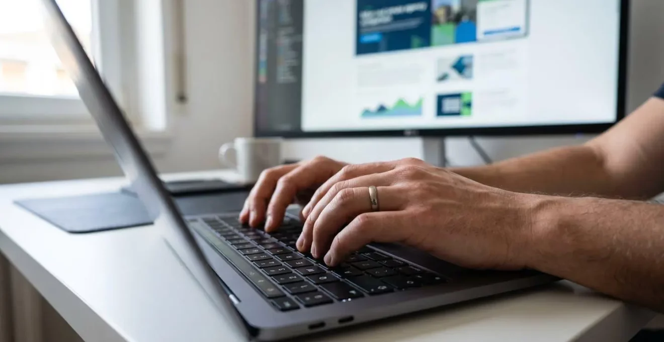 Primo piano di mani che digitano su una tastiera di laptop con schermata di interfaccia comparatore agenzie visibile ma sfocata sullo sfondo