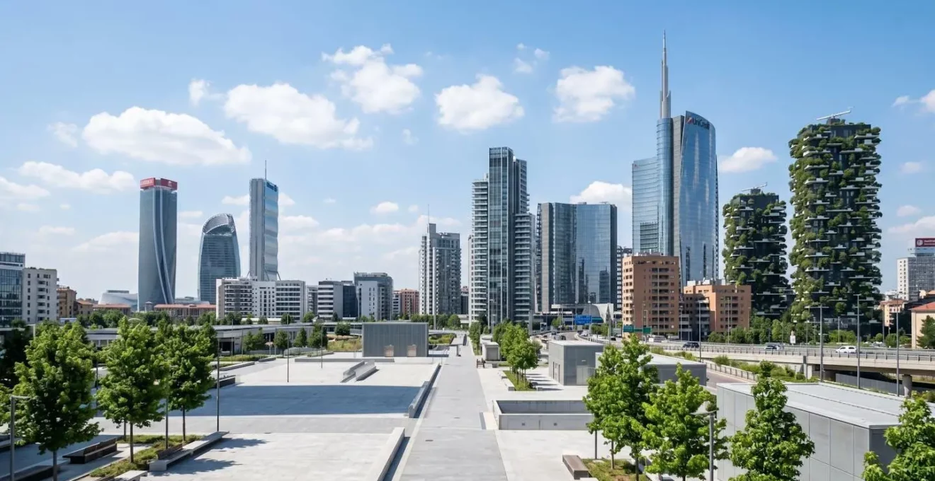 Vista panoramica dello skyline contemporaneo di Milano con grattacieli residenziali moderni della zona Porta Nuova e CityLife sotto cielo luminoso